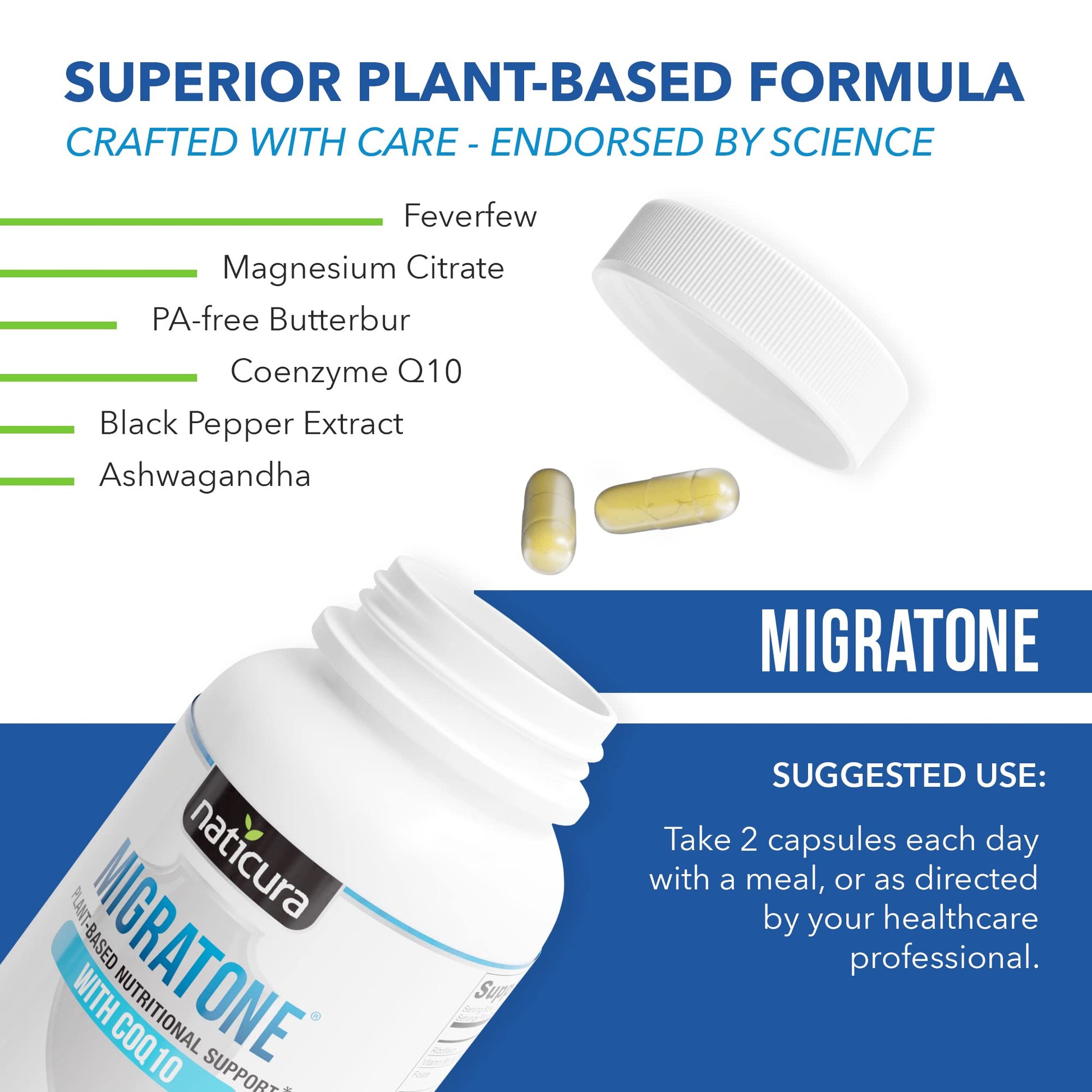 Migratone Migraine Relief Nutritional Support Supplement - with Magnesium, Riboflavin Vitamin B2, B6 & B12, Microactive Coq10, Feverfew, PA-Free Butterbur, and Folate - Clinically Preferred Blend - dailyvitalstore