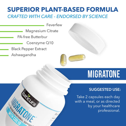 Migratone Migraine Relief Nutritional Support Supplement - with Magnesium, Riboflavin Vitamin B2, B6 & B12, Microactive Coq10, Feverfew, PA-Free Butterbur, and Folate - Clinically Preferred Blend - dailyvitalstore