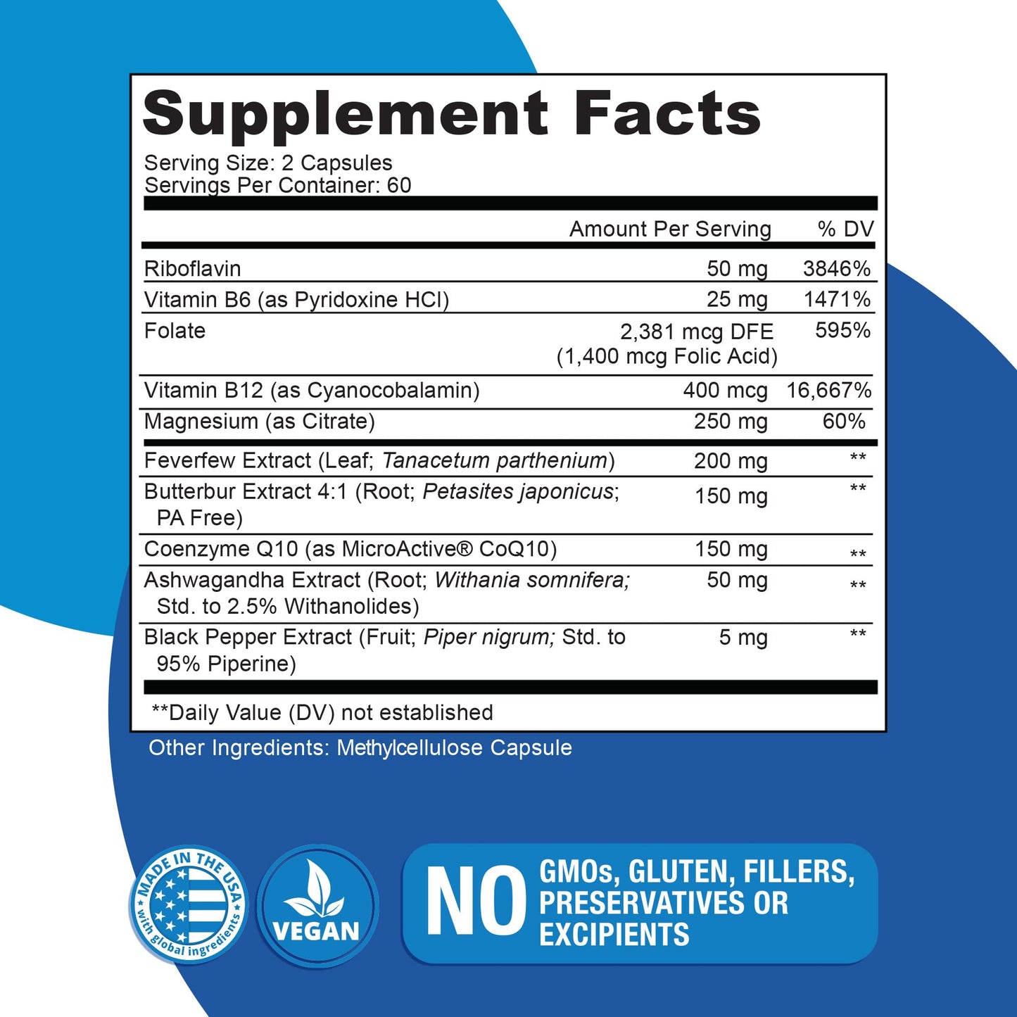 Migratone Migraine Relief Nutritional Support Supplement - with Magnesium, Riboflavin Vitamin B2, B6 & B12, Microactive Coq10, Feverfew, PA-Free Butterbur, and Folate - Clinically Preferred Blend - dailyvitalstore