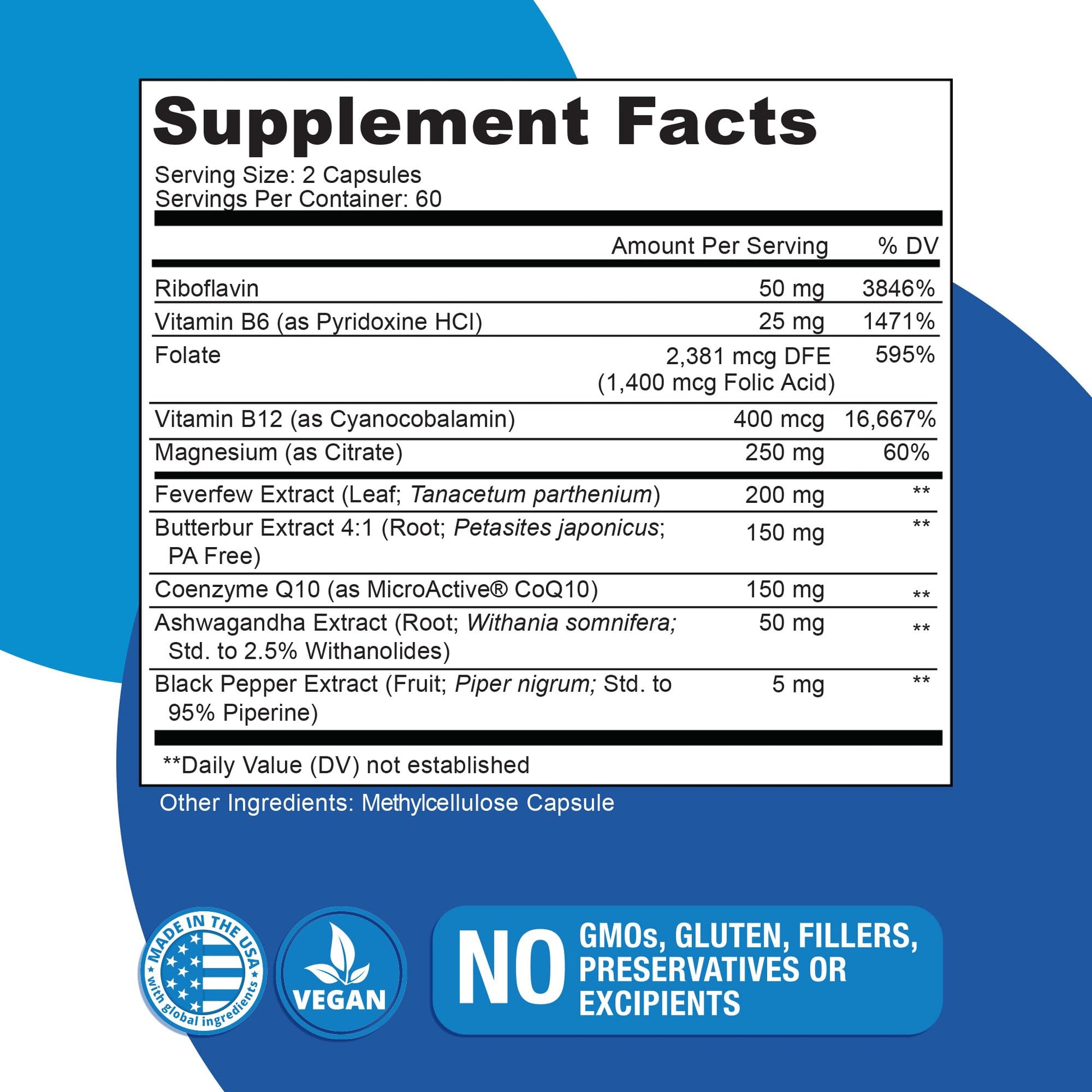 Migratone Migraine Relief Nutritional Support Supplement - with Magnesium, Riboflavin Vitamin B2, B6 & B12, Microactive Coq10, Feverfew, PA-Free Butterbur, and Folate - Clinically Preferred Blend - dailyvitalstore