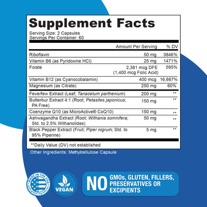 Migratone Migraine Relief Nutritional Support Supplement - with Magnesium, Riboflavin Vitamin B2, B6 & B12, Microactive Coq10, Feverfew, PA-Free Butterbur, and Folate - Clinically Preferred Blend - dailyvitalstore