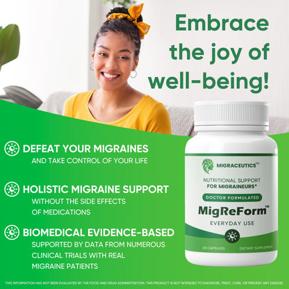 MigReForm – Doctor Formulated Nutritional Supplement and Migraine Wellness Support - Natural Migraine Health Formula with Magnesium, Vitamin B2 & CoQ10-60 Capsules for Women & Men - dailyvitalstore