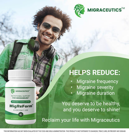 MigReForm – Doctor Formulated Nutritional Supplement and Migraine Wellness Support - Natural Migraine Health Formula with Magnesium, Vitamin B2 & CoQ10-60 Capsules for Women & Men - dailyvitalstore