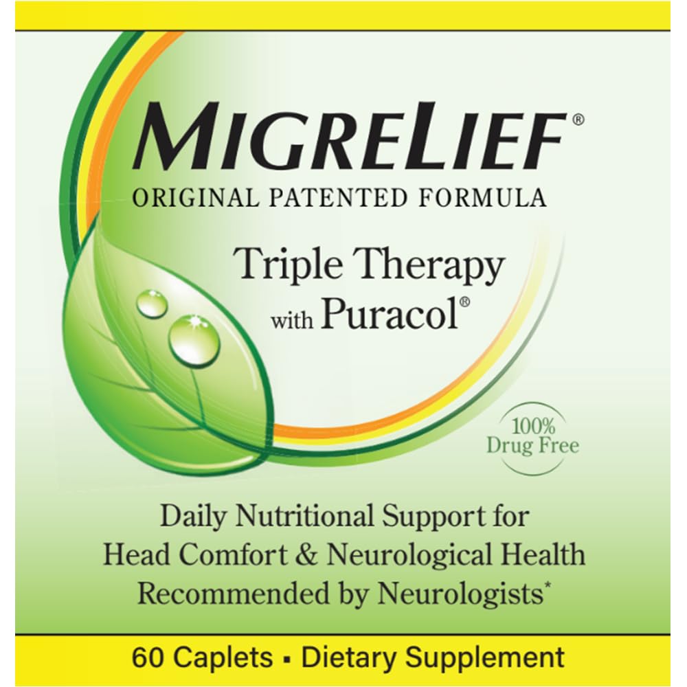 MigreLief Original Triple Therapy with Puracol - Nutritional Support for Migraine Sufferers - 60 Caplets/1 Month Supply - dailyvitalstore
