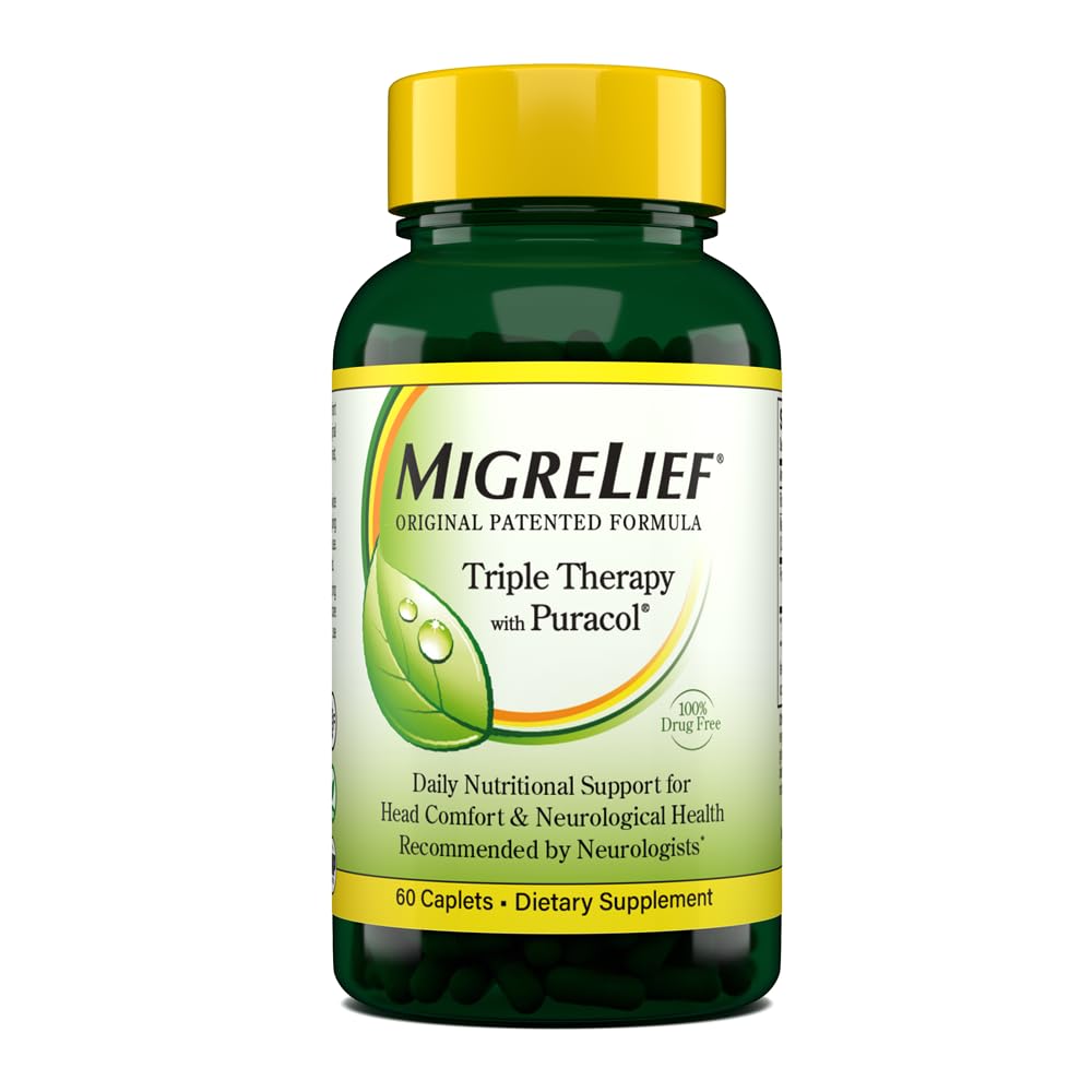 MigreLief Original Triple Therapy with Puracol - Nutritional Support for Migraine Sufferers - 60 Caplets/1 Month Supply - dailyvitalstore