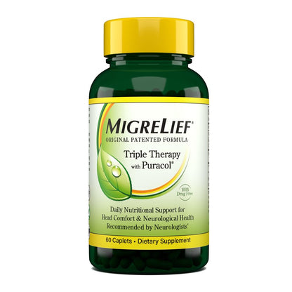 MigreLief Original Triple Therapy with Puracol - Nutritional Support for Migraine Sufferers - 60 Caplets/1 Month Supply - dailyvitalstore