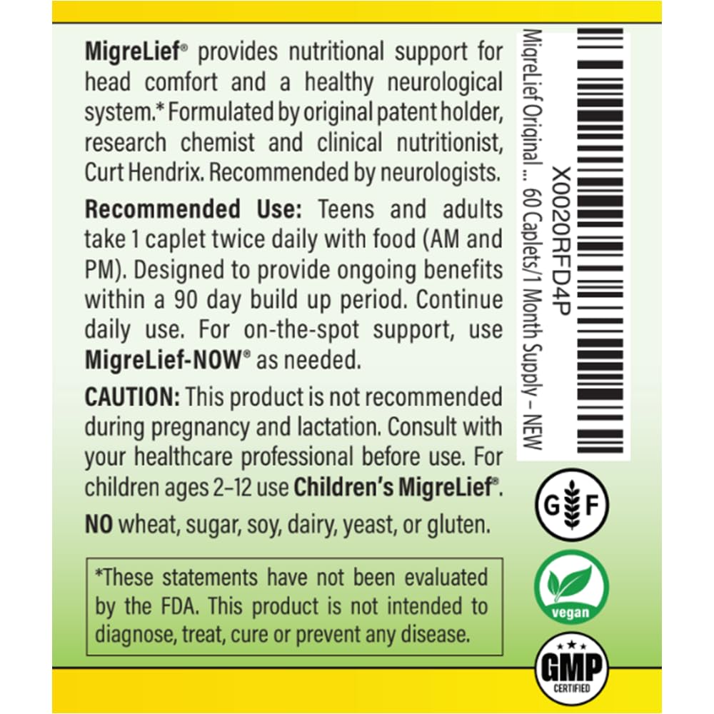 MigreLief Original Triple Therapy with Puracol - Nutritional Support for Migraine Sufferers - 60 Caplets/1 Month Supply - dailyvitalstore