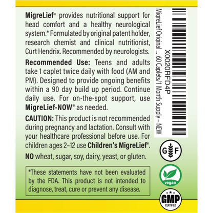 MigreLief Original Triple Therapy with Puracol - Nutritional Support for Migraine Sufferers - 60 Caplets/1 Month Supply - dailyvitalstore