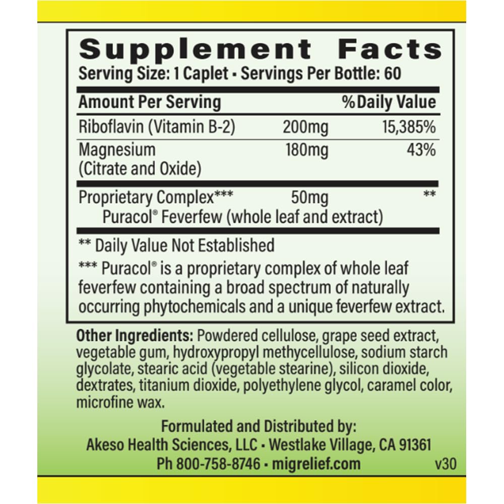 MigreLief Original Triple Therapy with Puracol - Nutritional Support for Migraine Sufferers - 60 Caplets/1 Month Supply - dailyvitalstore