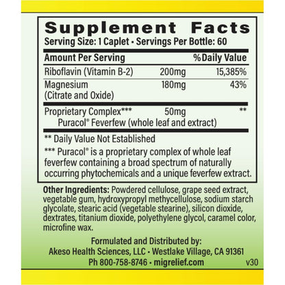 MigreLief Original Triple Therapy with Puracol - Nutritional Support for Migraine Sufferers - 60 Caplets/1 Month Supply - dailyvitalstore