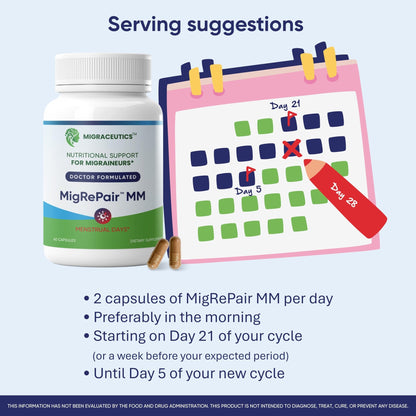 MigRePair MM Bottle of 60 - Doctor Formulated Natural Herbal Migraine Supplement for Women, Menstrual Migraine Relief, Hormonal Migraine Support with Feverfew, White Willow Bark Pine Bark & Grape Seed - dailyvitalstore