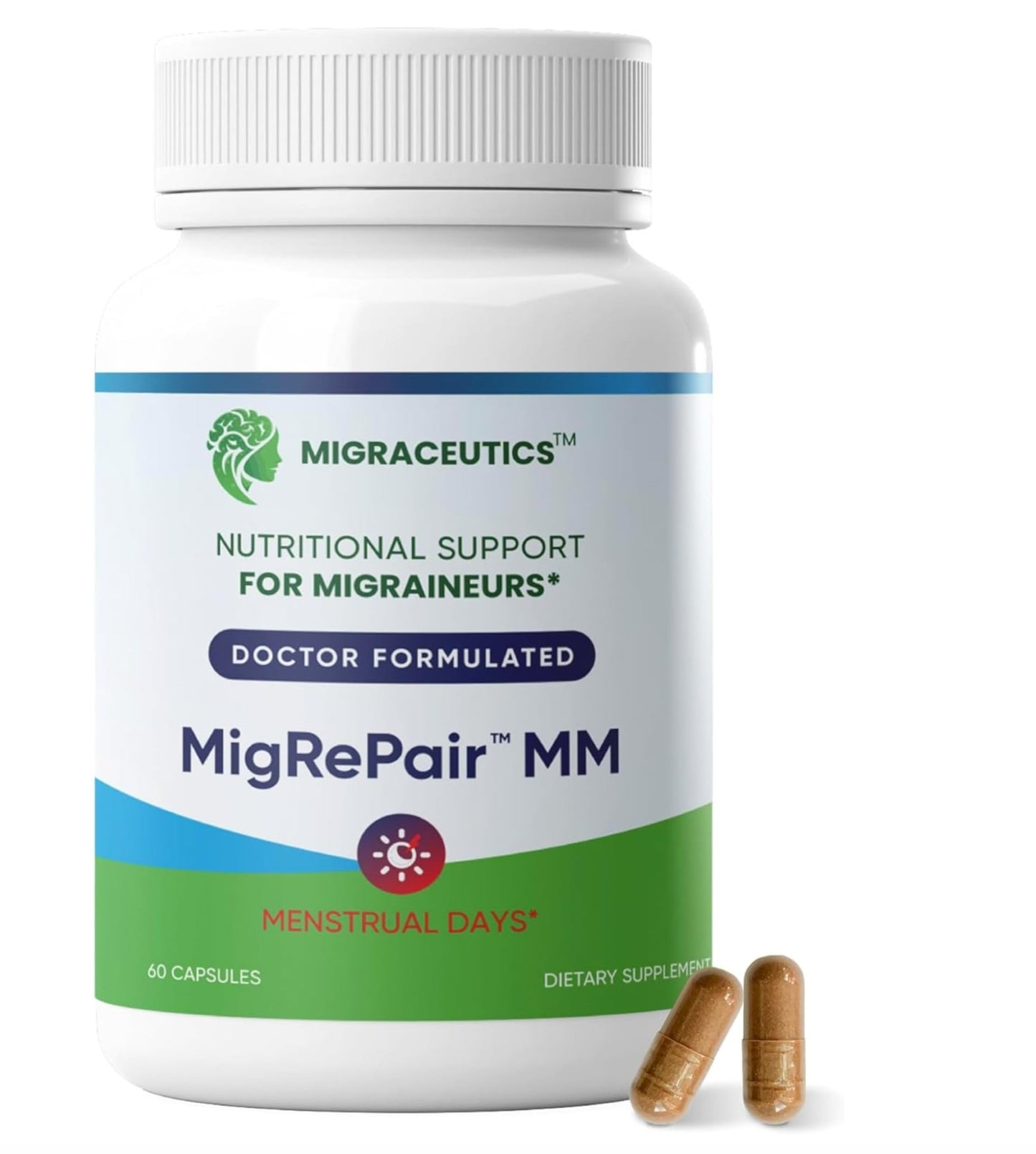 MigRePair MM Bottle of 60 - Doctor Formulated Natural Herbal Migraine Supplement for Women, Menstrual Migraine Relief, Hormonal Migraine Support with Feverfew, White Willow Bark Pine Bark & Grape Seed - dailyvitalstore