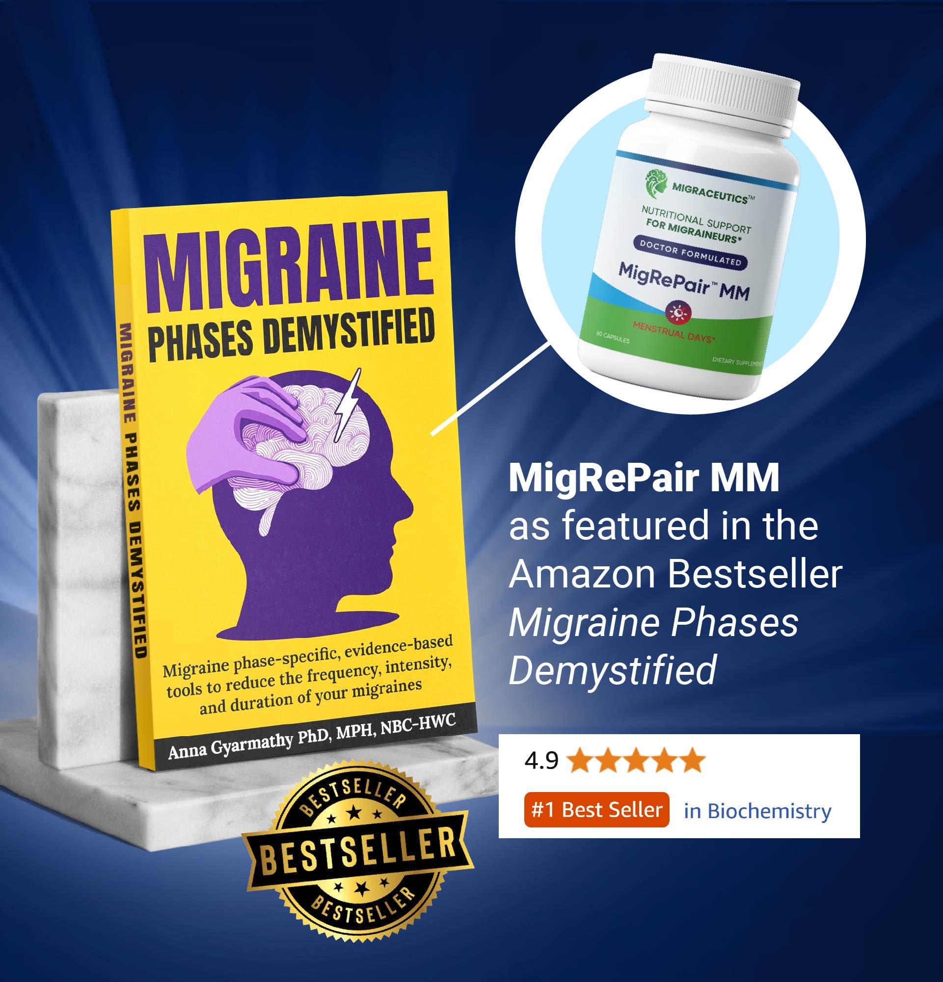 MigRePair MM Bottle of 60 - Doctor Formulated Natural Herbal Migraine Supplement for Women, Menstrual Migraine Relief, Hormonal Migraine Support with Feverfew, White Willow Bark Pine Bark & Grape Seed - dailyvitalstore