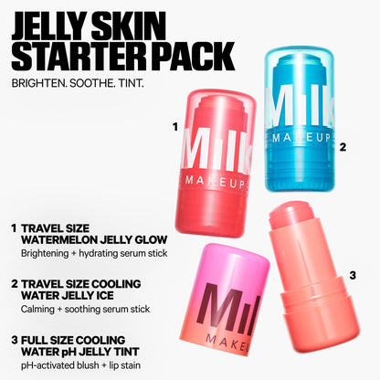 Milk Makeup Skincare Jelly Gift Set – Hydrating + Brightening Face Serums and Blush + Lip Stain in pH-Adaptive Pink – Two Full Size Serum Sticks .21oz + Travel-Friendly Jelly Tint (pHreeze) .17oz - dailyvitalstore