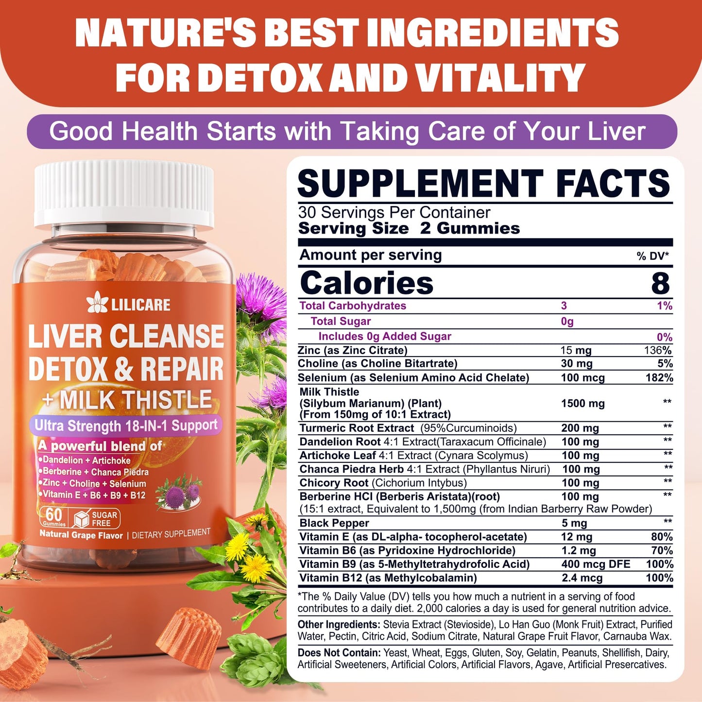 Milk Thistle Liver Detox Gummies, 18-IN-1 Liver Cleanse Detox & Repair Supplement with Berberine, Chicory Root, Turmeric, Artichoke, Dandelion Root, Chanca Piedra - dailyvitalstore