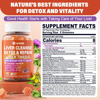 Milk Thistle Liver Detox Gummies, 18-IN-1 Liver Cleanse Detox & Repair Supplement with Berberine, Chicory Root, Turmeric, Artichoke, Dandelion Root, Chanca Piedra - dailyvitalstore