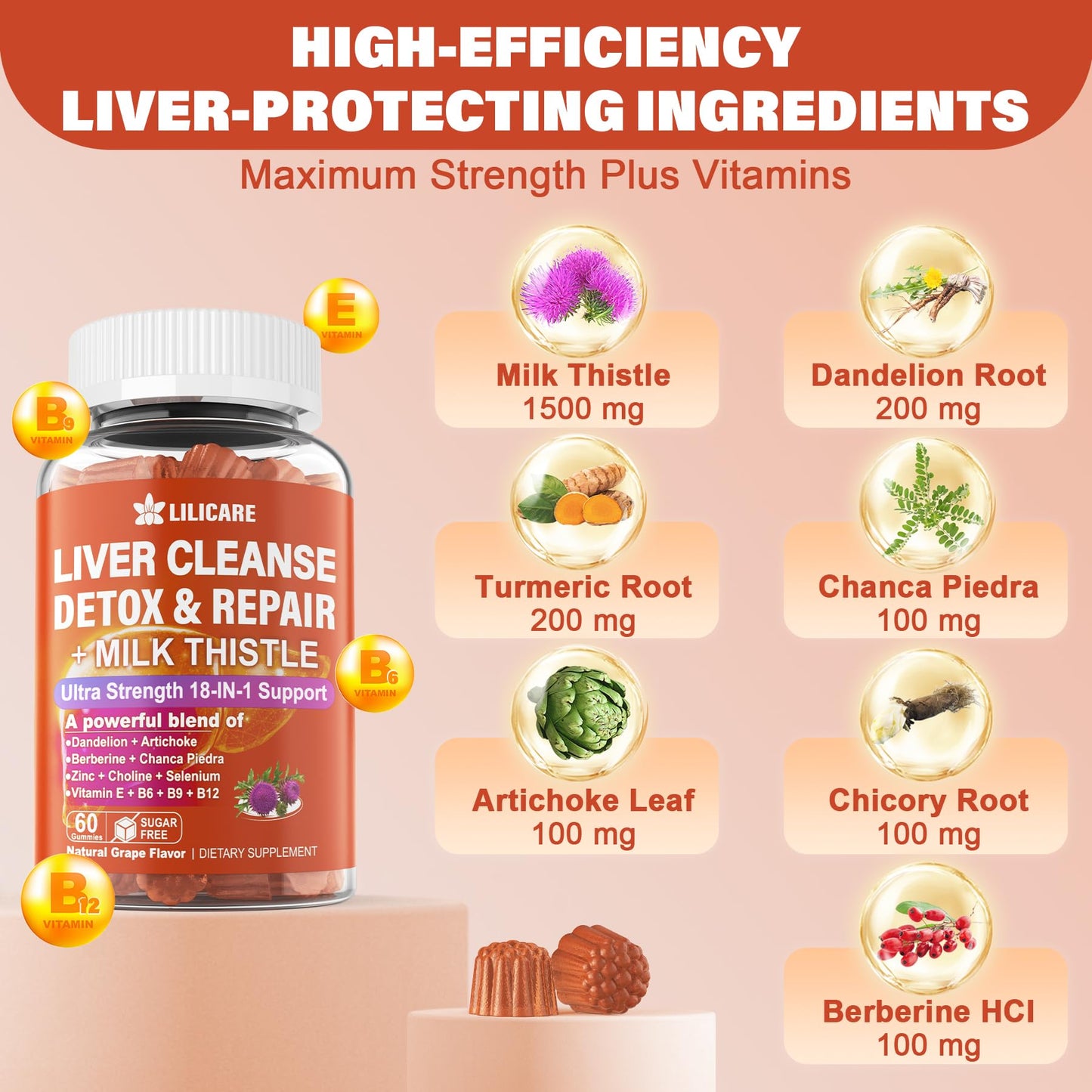 Milk Thistle Liver Detox Gummies, 18-IN-1 Liver Cleanse Detox & Repair Supplement with Berberine, Chicory Root, Turmeric, Artichoke, Dandelion Root, Chanca Piedra - dailyvitalstore