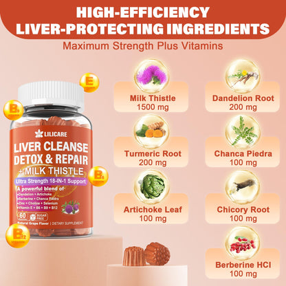 Milk Thistle Liver Detox Gummies, 18-IN-1 Liver Cleanse Detox & Repair Supplement with Berberine, Chicory Root, Turmeric, Artichoke, Dandelion Root, Chanca Piedra - dailyvitalstore