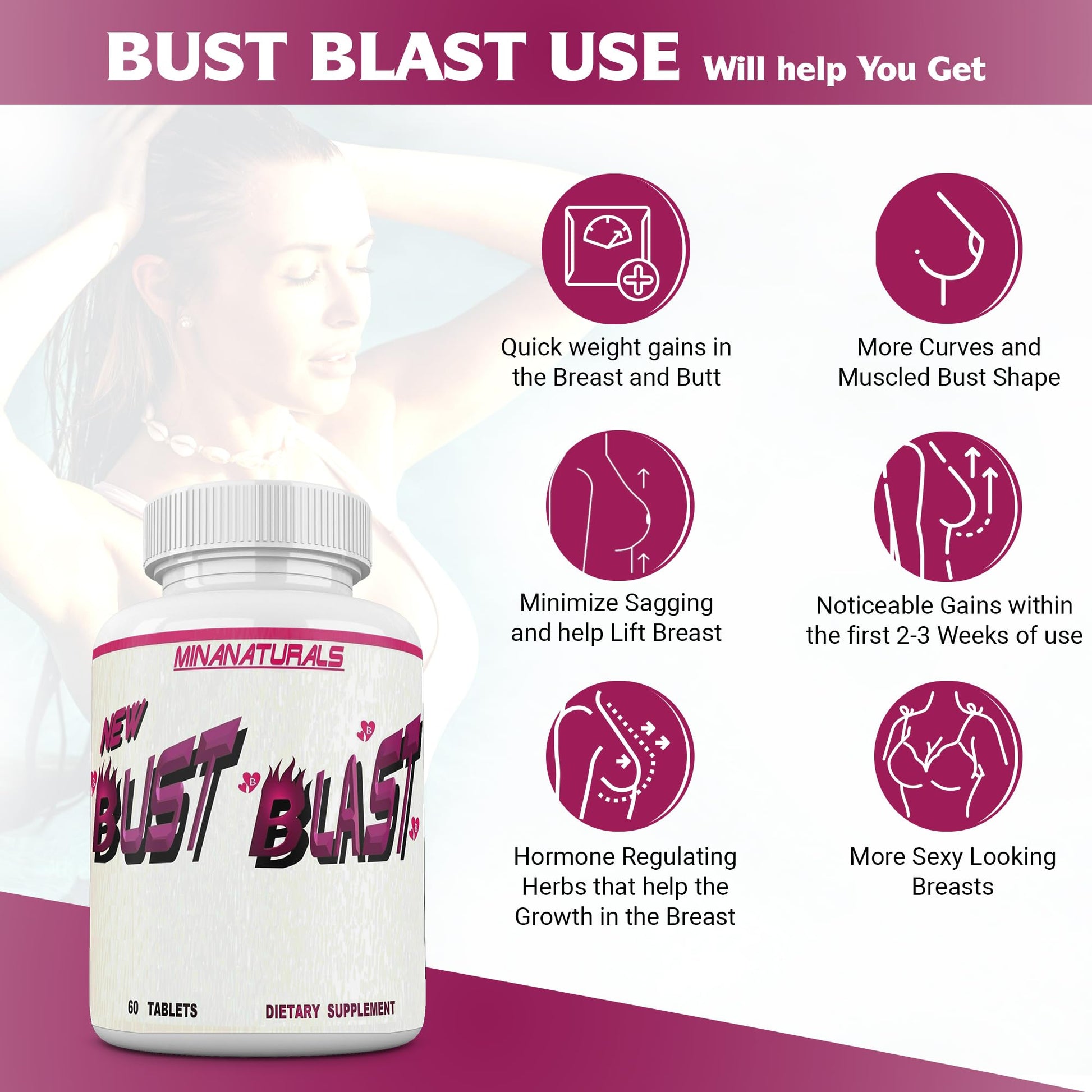 MINANATURALS Bust Blast Loaded Increase Breast Size Fast. Female Breast Enhancement - Bigger Boobs and Butt Pills. 60 Tablets - dailyvitalstore
