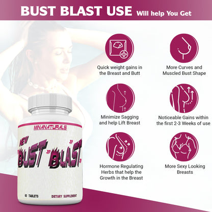 MINANATURALS Bust Blast Loaded Increase Breast Size Fast. Female Breast Enhancement - Bigger Boobs and Butt Pills. 60 Tablets - dailyvitalstore