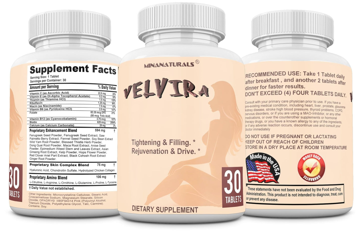 MINANATURALS VELVIRA Feminine Wellness Support Supplement for Women Herbal Rejuvenation Formula with Vitamins, Amino Acids & Collagen 30 Tablets - dailyvitalstore