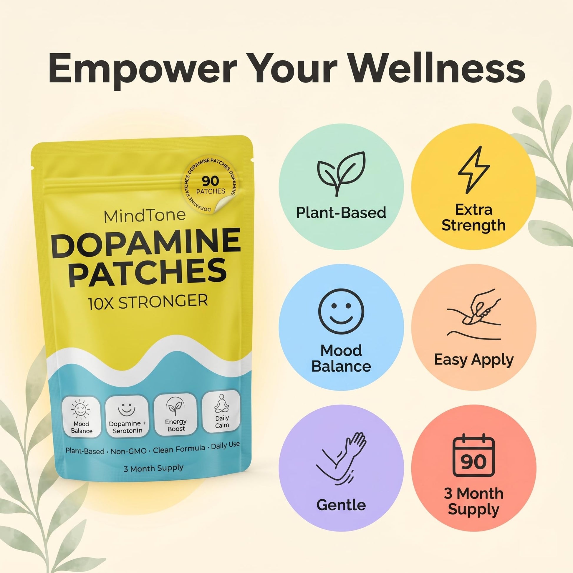 MindTone Dopamine Patches Extra Strength – 90 Count Plant-Based Non-GMO Mood Support & Energy Patch – Dopamine & Serotonin Balance – Mood Balance Patch for Women & Men – 3 Month Supply - dailyvitalstore
