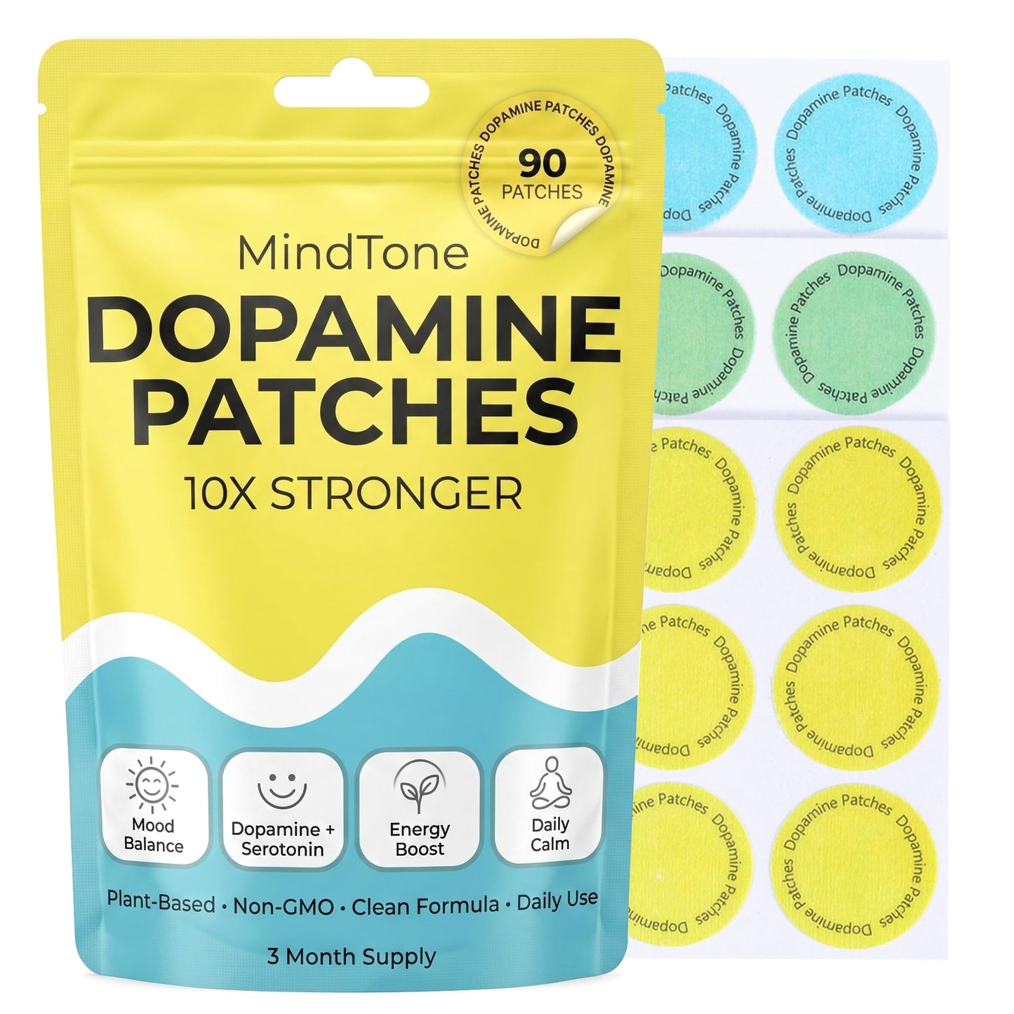 MindTone Dopamine Patches Extra Strength – 90 Count Plant-Based Non-GMO Mood Support & Energy Patch – Dopamine & Serotonin Balance – Mood Balance Patch for Women & Men – 3 Month Supply - dailyvitalstore