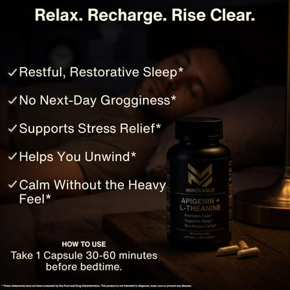 Mindvance Apigenin 100mg with L-Theanine 200mg Supplement Capsules for Sleep Support, Relaxation, Clarity & Calm | Melatonin Free | 60 Vegan Capsules - dailyvitalstore