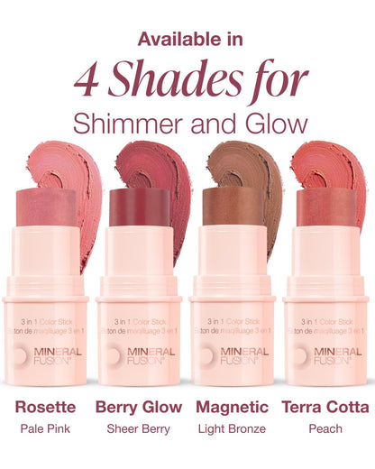 Mineral Fusion 3-in-1 Color Stick - Hydrating Tinted Cream Blush for Cheeks, Lip and Eye - Natural Multi Use Makeup (Berry Glow) - dailyvitalstore