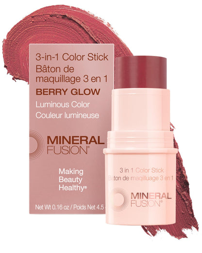 Mineral Fusion 3-in-1 Color Stick - Hydrating Tinted Cream Blush for Cheeks, Lip and Eye - Natural Multi Use Makeup (Berry Glow) - dailyvitalstore