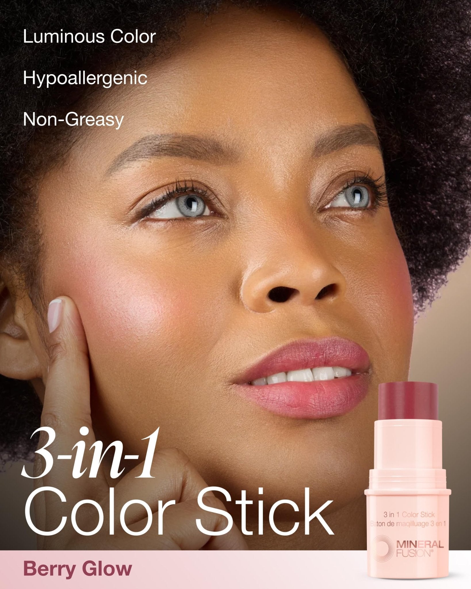 Mineral Fusion 3-in-1 Color Stick - Hydrating Tinted Cream Blush for Cheeks, Lip and Eye - Natural Multi Use Makeup (Berry Glow) - dailyvitalstore