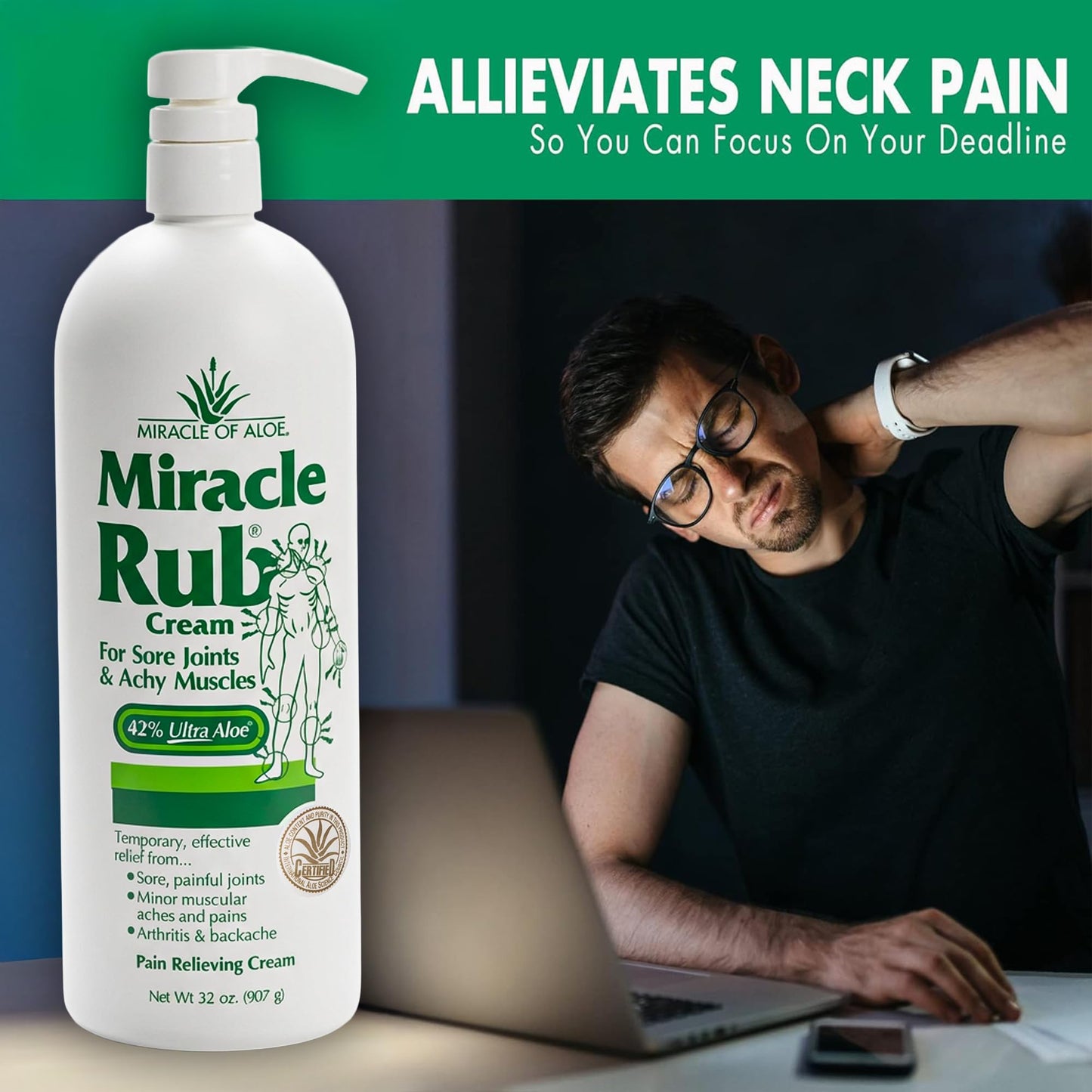 Miracle of Aloe Miracle Rub Pain Relieving Cream 32 oz, Fast & Effective Relief for Arthritis, Muscle, and Joint Pain - Maximum Strength UltraAloe Formula, Topical Analgesic - dailyvitalstore