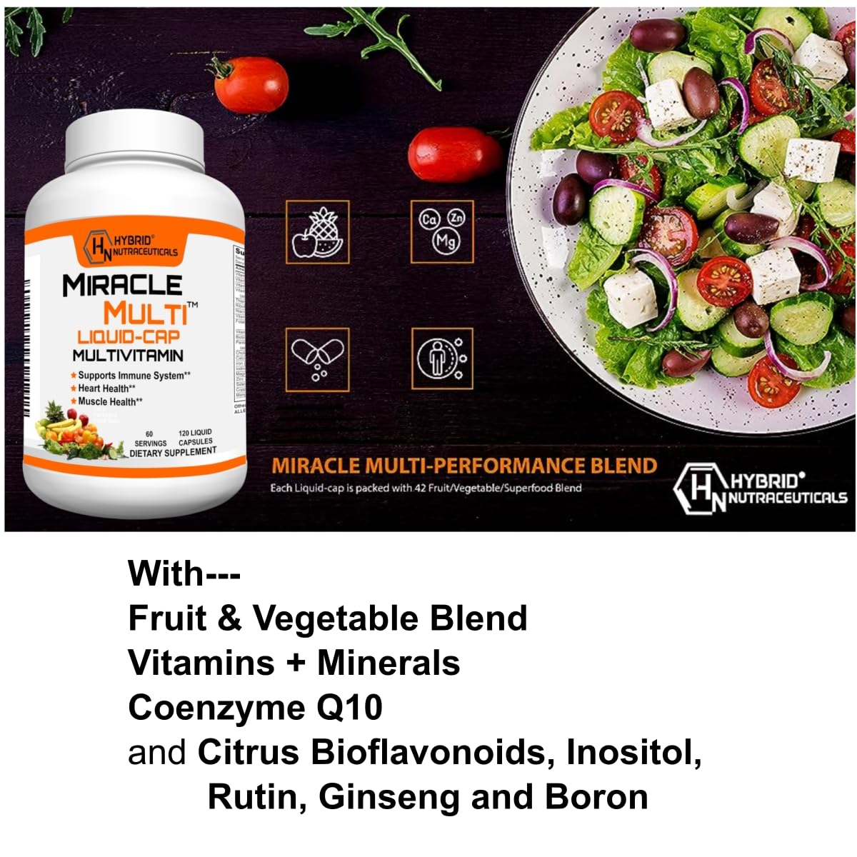 MiracleMulti Liquid Multivitamin Capsules for Men & Women - Complete Whole Food Blend Daily Vitamin & Mineral Supplement with CoQ10, B12, 42 Superfood Enzyme - 120 Softgels - dailyvitalstore