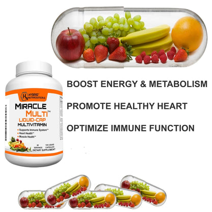MiracleMulti Liquid Multivitamin Capsules for Men & Women - Complete Whole Food Blend Daily Vitamin & Mineral Supplement with CoQ10, B12, 42 Superfood Enzyme - 120 Softgels - dailyvitalstore