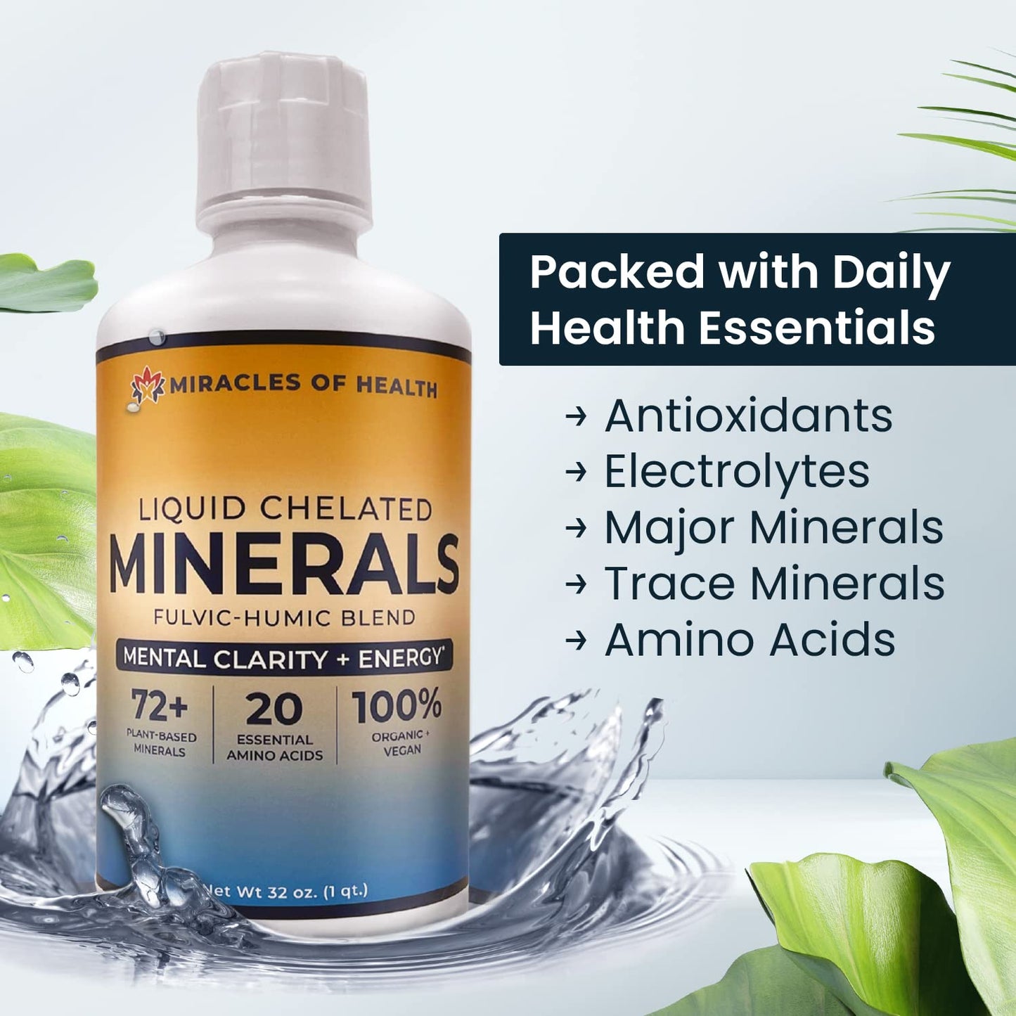 Miracles of Health Liquid Chelated Minerals - Organic Humic Fulvic Mineral Blend - 72+ Plant-Based Minerals, 20 Essential Amino Acids - 100% Natural - 1 Month Supply, 32 fl. oz - dailyvitalstore