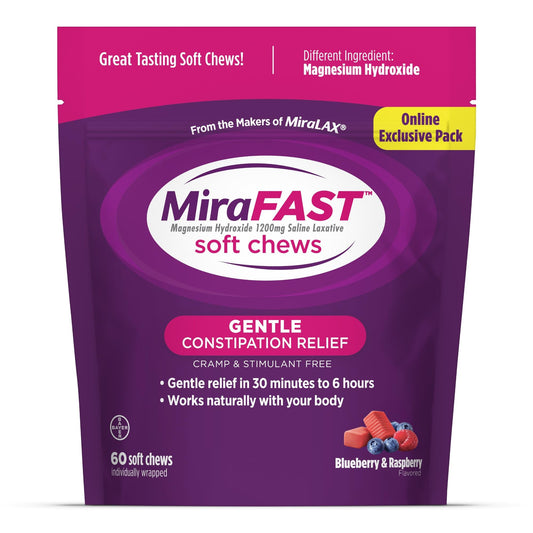 MiraFAST Soft Chews, from the Makers of MiraLAX, Gentle Constipation Relief, Fast Acting, Stimulant Free Saline Laxative, Magnesium Hydroxide, Blueberry & Raspberry Flavor, 60ct - dailyvitalstore