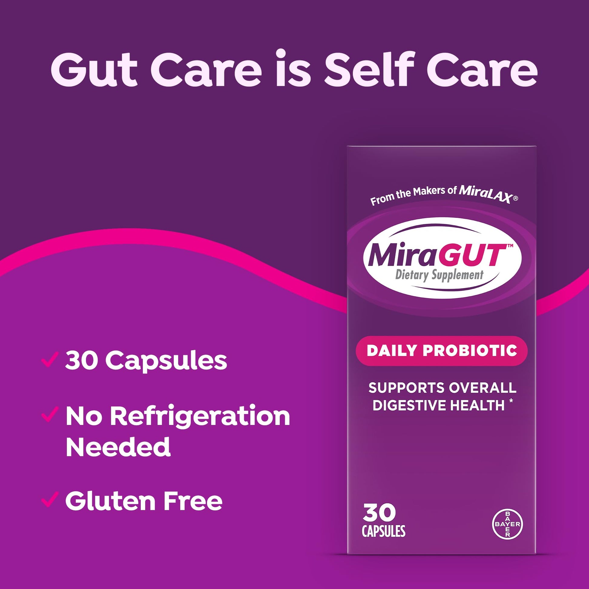 MiraGUT Daily Probiotic, from the Makers of MiraLAX, Probiotics for Digestive Health, Gluten-Free Supplement, Probiotic for Women and Men - dailyvitalstore