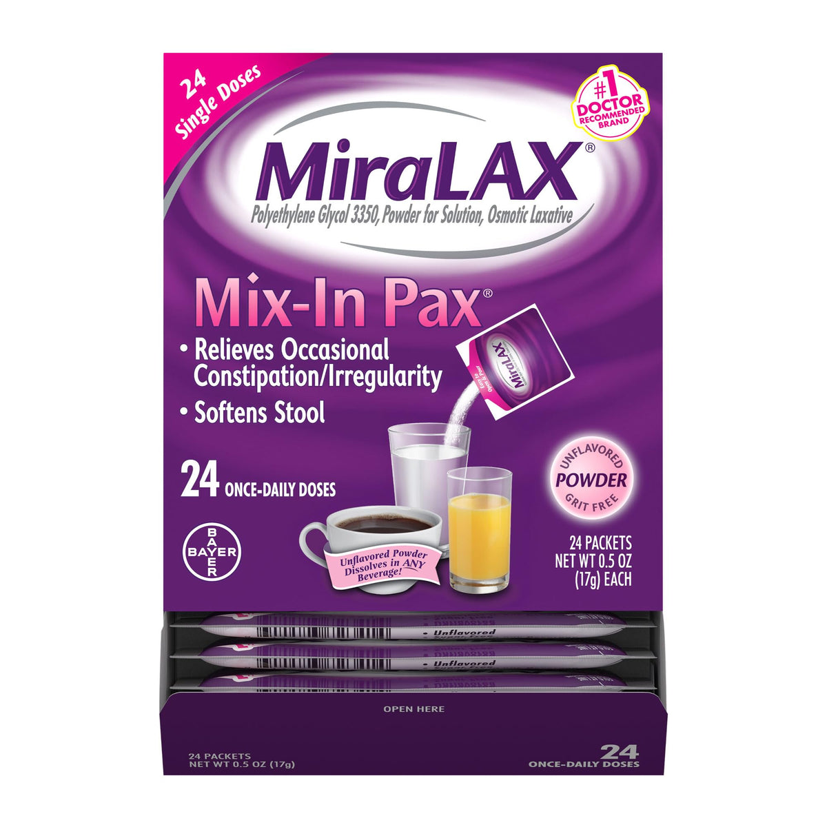 MiraLAX Gentle Constipation Relief Laxative Powder, Stool Softener with PEG 3350, No Harsh Side Effects, 1 Doctor & OBGYN Recommended, Single Dose Mix-in Pax, Travel Pack, 24 Dose - dailyvitalstore
