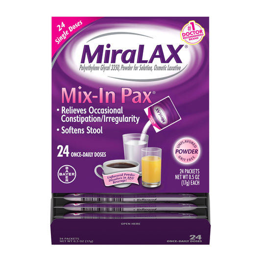 MiraLAX Gentle Constipation Relief Laxative Powder, Stool Softener with PEG 3350, No Harsh Side Effects, 1 Doctor & OBGYN Recommended, Single Dose Mix-in Pax, Travel Pack, 24 Dose - dailyvitalstore