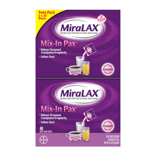 MiraLAX Laxative Powder for Gentle Constipation Relief for Adults, Stool Softener with PEG 3350, Nonstimulant Laxative, No Harsh Side Effects, Single Dose Mix-in Pax, Travel Pack, 40 Doses - dailyvitalstore