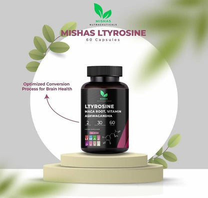 Mishas Nutraceuticals L-Tyrosine with Maca Root, Ashwagandha & Vitamins Complex – Energy, Mental Focus, Stress Relief & Immunity Support – 60 Capsules (30 Servings) - dailyvitalstore