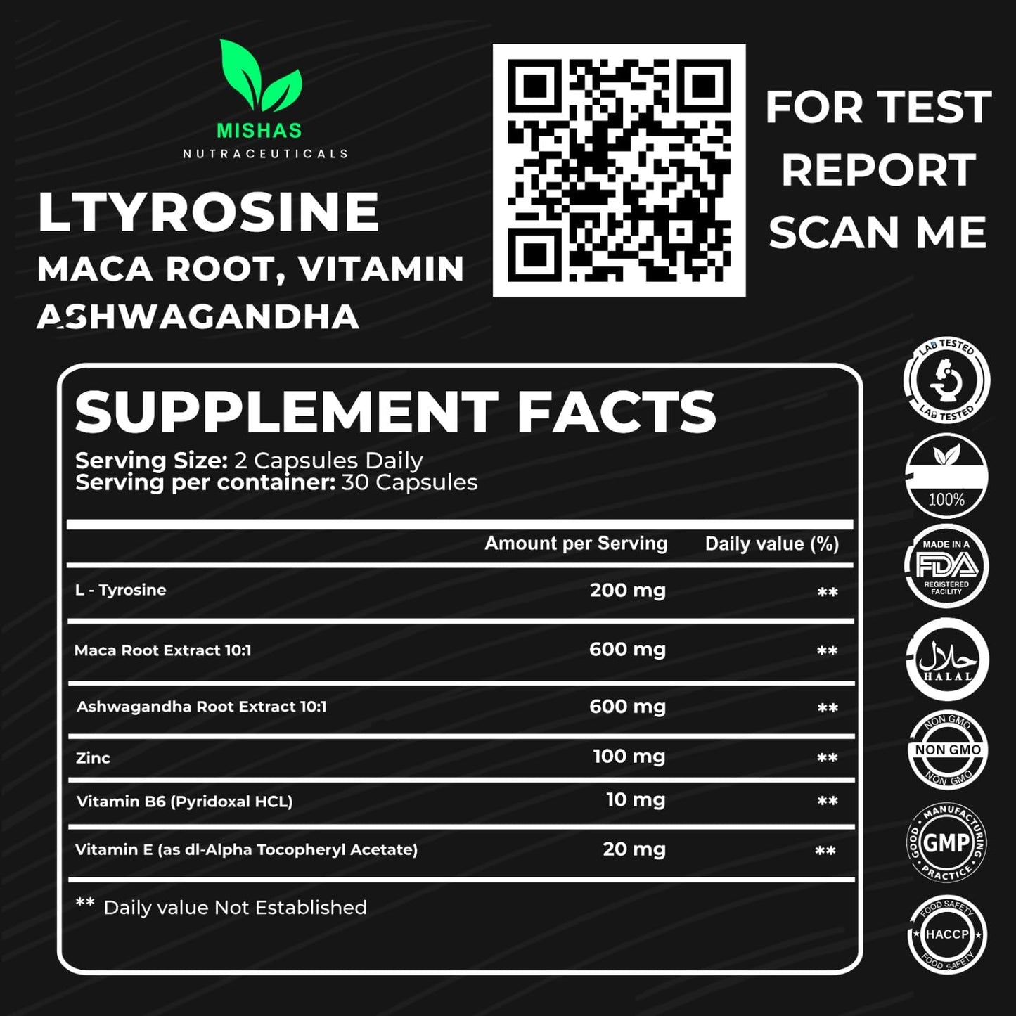 Mishas Nutraceuticals L-Tyrosine with Maca Root, Ashwagandha & Vitamins Complex – Energy, Mental Focus, Stress Relief & Immunity Support – 60 Capsules (30 Servings) - dailyvitalstore