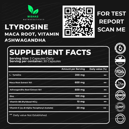 Mishas Nutraceuticals L-Tyrosine with Maca Root, Ashwagandha & Vitamins Complex – Energy, Mental Focus, Stress Relief & Immunity Support – 60 Capsules (30 Servings) - dailyvitalstore