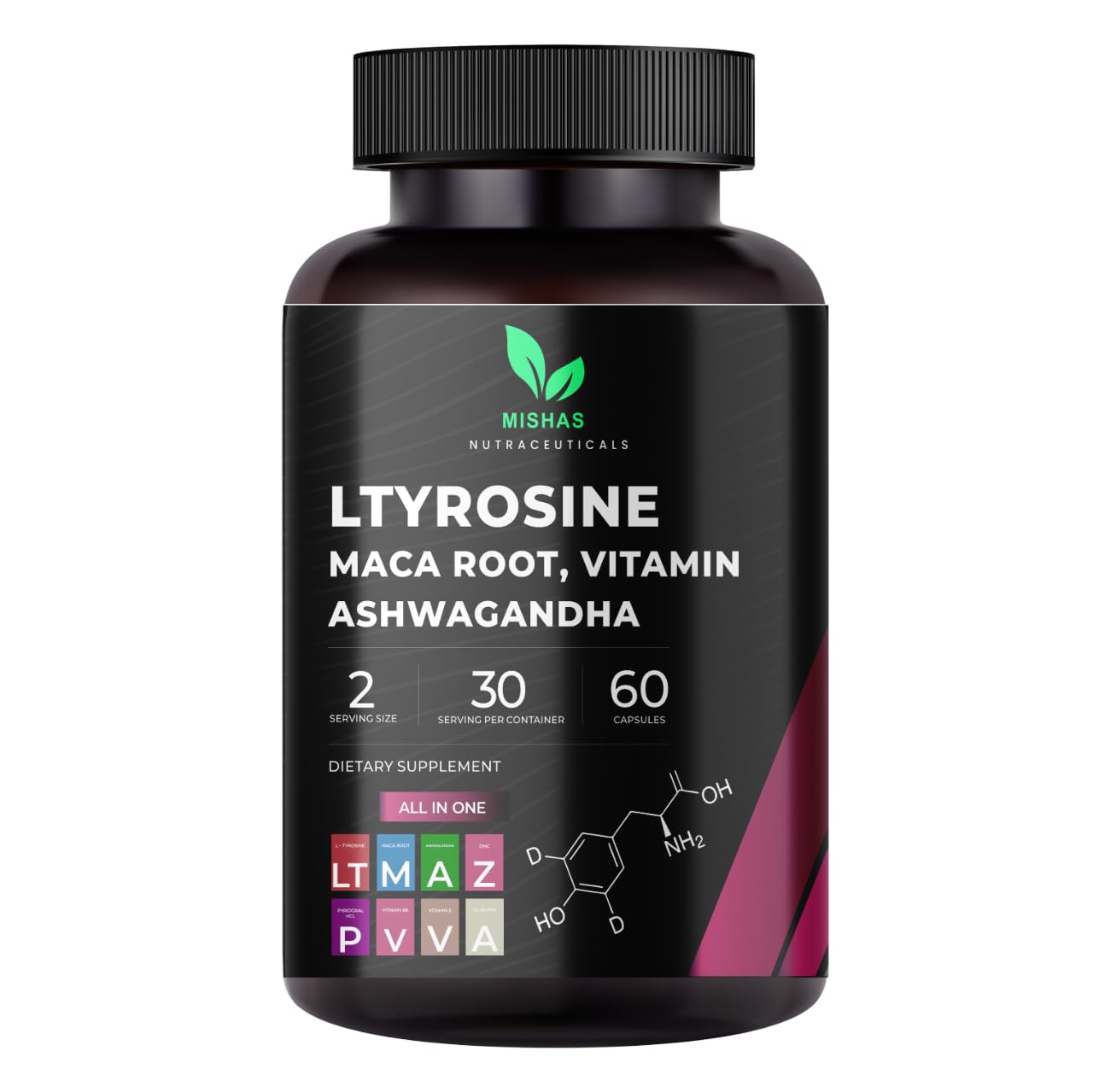 Mishas Nutraceuticals L-Tyrosine with Maca Root, Ashwagandha & Vitamins Complex – Energy, Mental Focus, Stress Relief & Immunity Support – 60 Capsules (30 Servings) - dailyvitalstore