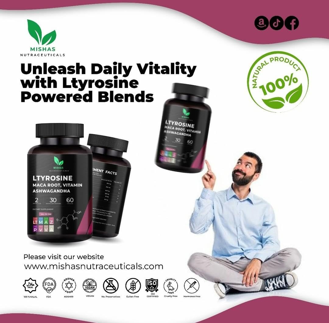 Mishas Nutraceuticals L-Tyrosine with Maca Root, Ashwagandha & Vitamins Complex – Energy, Mental Focus, Stress Relief & Immunity Support – 60 Capsules (30 Servings) - dailyvitalstore