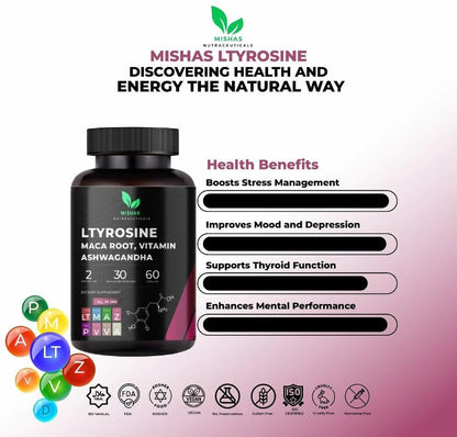 Mishas Nutraceuticals L-Tyrosine with Maca Root, Ashwagandha & Vitamins Complex – Energy, Mental Focus, Stress Relief & Immunity Support – 60 Capsules (30 Servings) - dailyvitalstore