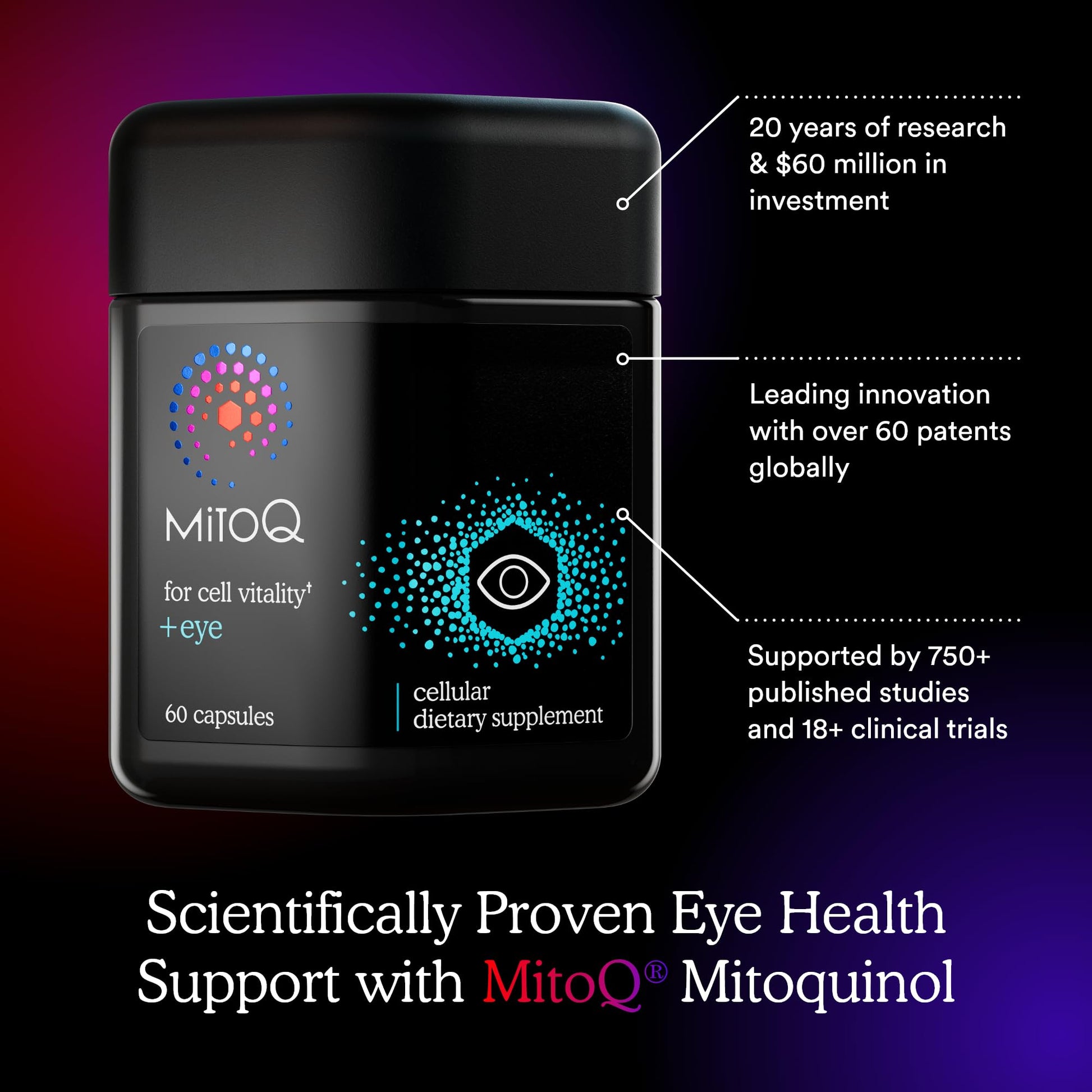 MitoQ +Eye – Eye Health Supplement with Lutein & Zeaxanthin (5:1 Ratio), Bilberry, Maritime Pine Bark, Zinc, Mitoquinol | Supports Macular Health, Visual Clarity & Blue Light Defense - dailyvitalstore