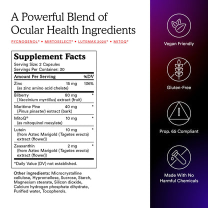 MitoQ +Eye – Eye Health Supplement with Lutein & Zeaxanthin (5:1 Ratio), Bilberry, Maritime Pine Bark, Zinc, Mitoquinol | Supports Macular Health, Visual Clarity & Blue Light Defense - dailyvitalstore