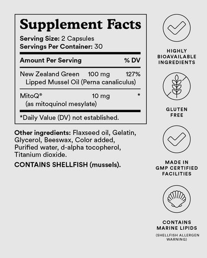 MitoQ +Joint Advanced CoQ10 Antioxidant Supplement - Contains Mitoquinol Mesylate & Green Lipped Mussel Omega Oil Extract - Supports Healthy Joint, Mobility and Cell Vitality (60 Softgel Capsules) - dailyvitalstore