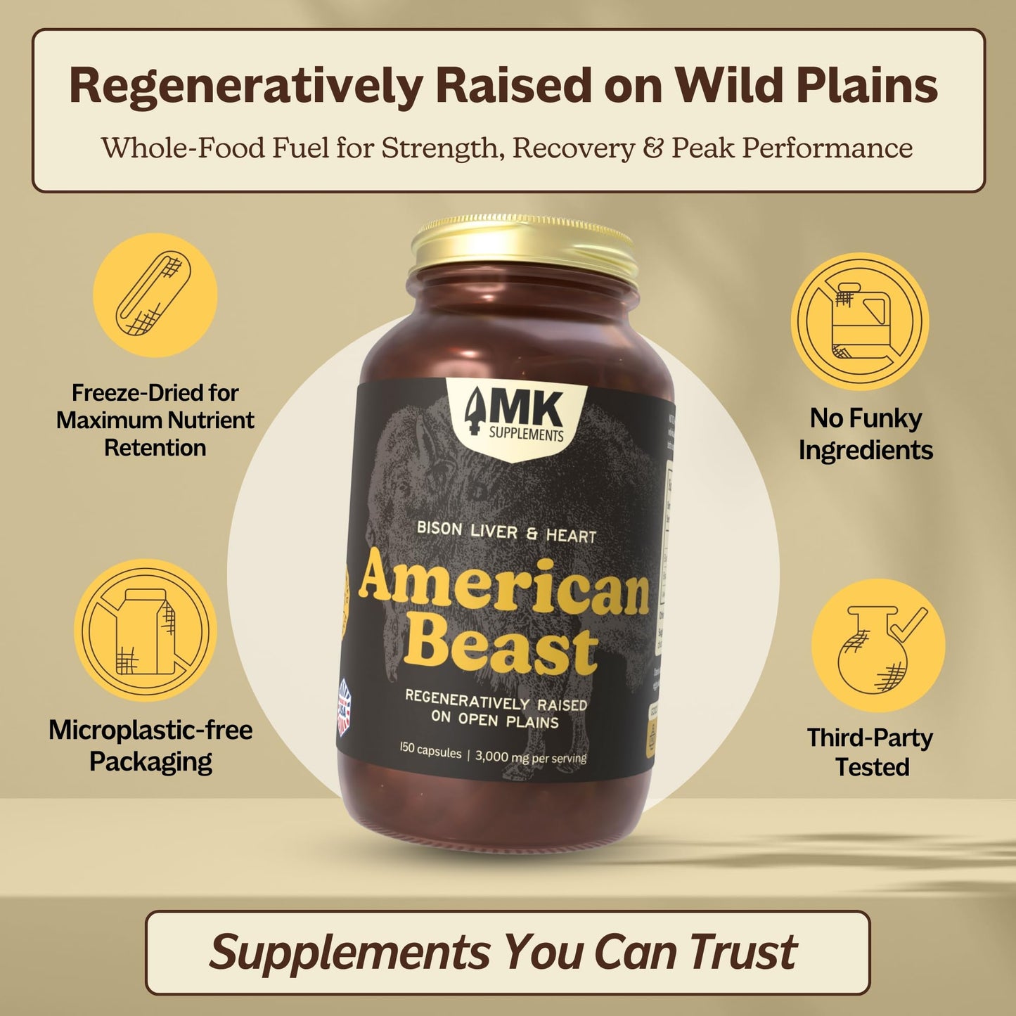 MK Supplements American Beast | Bison Liver & Heart Capsules | ~49x More CoQ10 Than Beef Liver | Regeneratively Raised Bison | 150 Capsules - dailyvitalstore